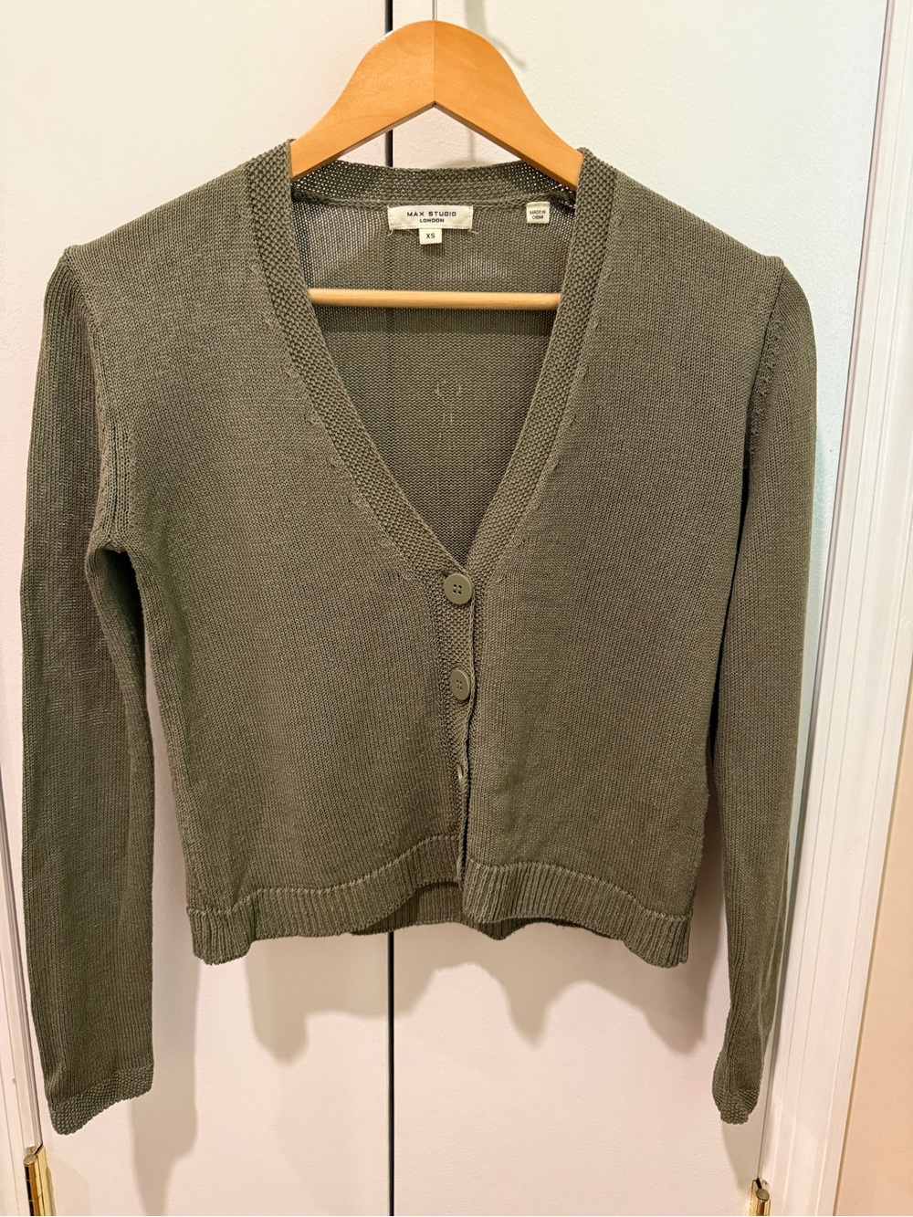 Max Studio Olive V-Neck Button-Up Cropped Cardigan